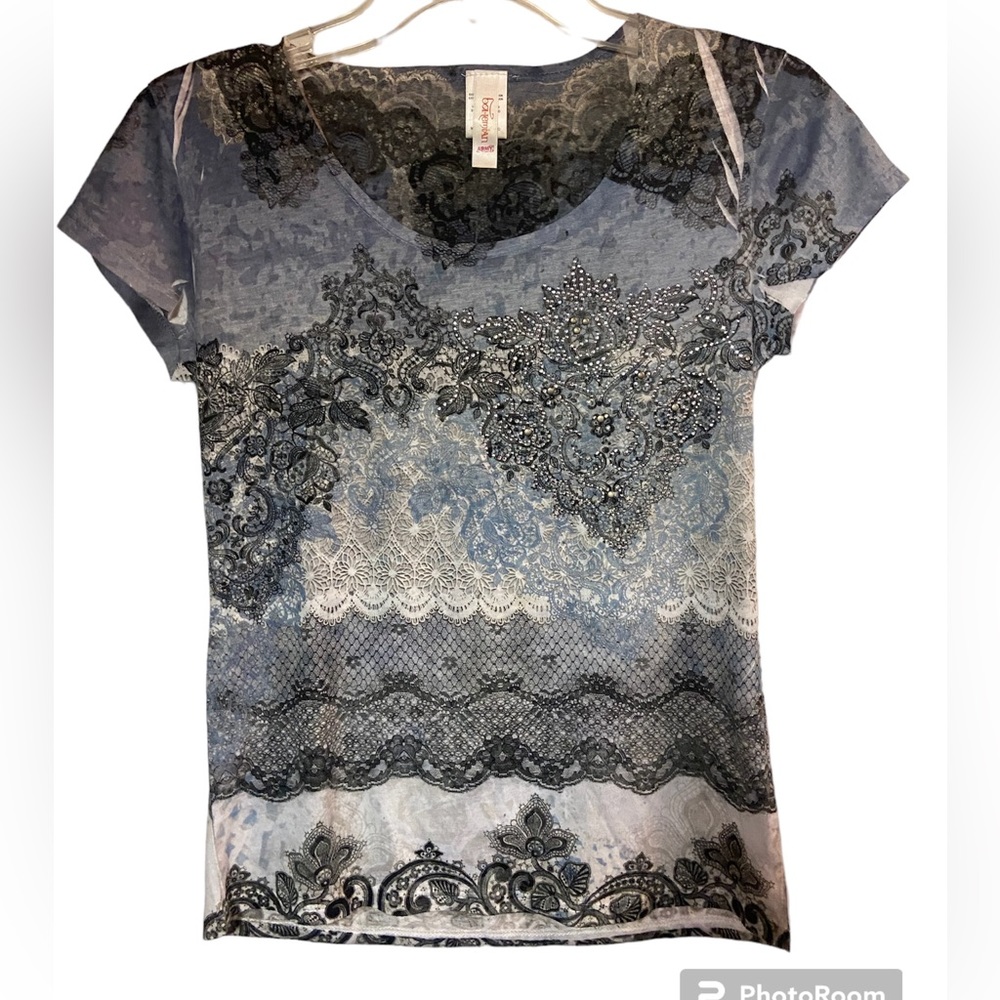 Bohemian army boho short sleeve scoop neck ladies small Top Polyester rayon
